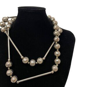 Silver-Tone Long Beaded Necklace With Faceted & Smooth Beads Statement Jewelry F